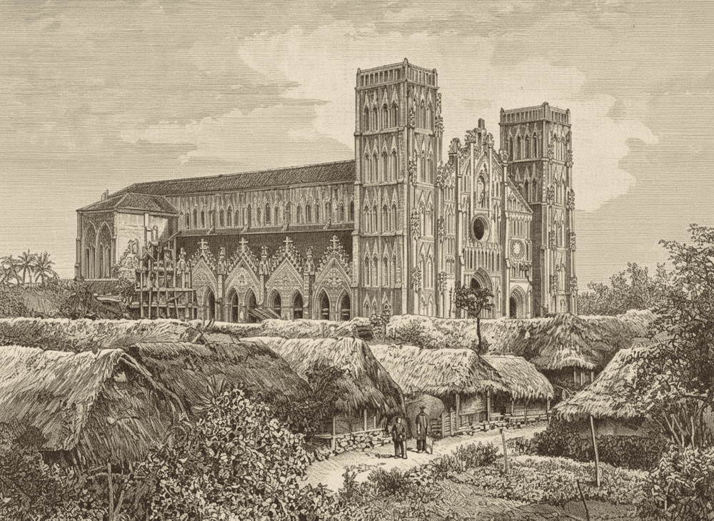 A picture of Hanoi St.Joseph’s Cathedral was taken in 1950, where French architecture met Vietnamese local life